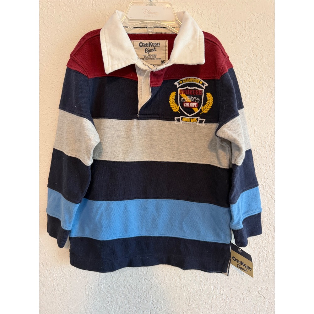 OshKosh B'gosh Boys 3T Rugby Shirt Striped Long‎ Sleeve Varsity Crest Navy Blue